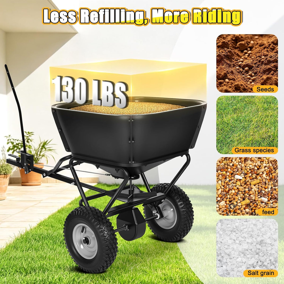 Pull Behind Broadcast Spreader, Fertilizer Spreaders for Lawn Seed Spreader | 130 lb Hopper Capacity with Extended