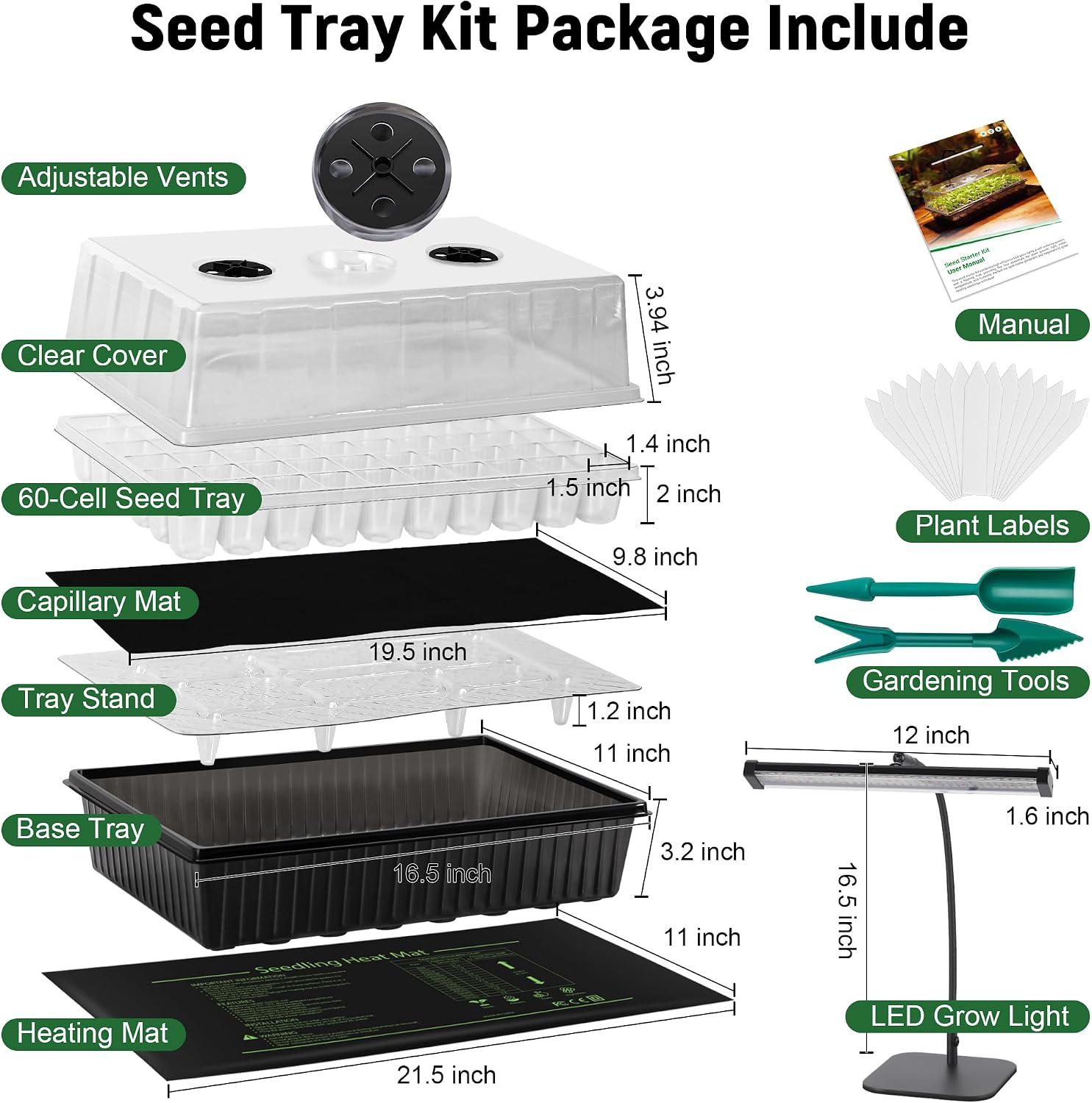 Seed Starter Kit, 60-Cell Tray with Grow Light and Heat Mat | Self-watering seedling tray with humidity dome, indoor