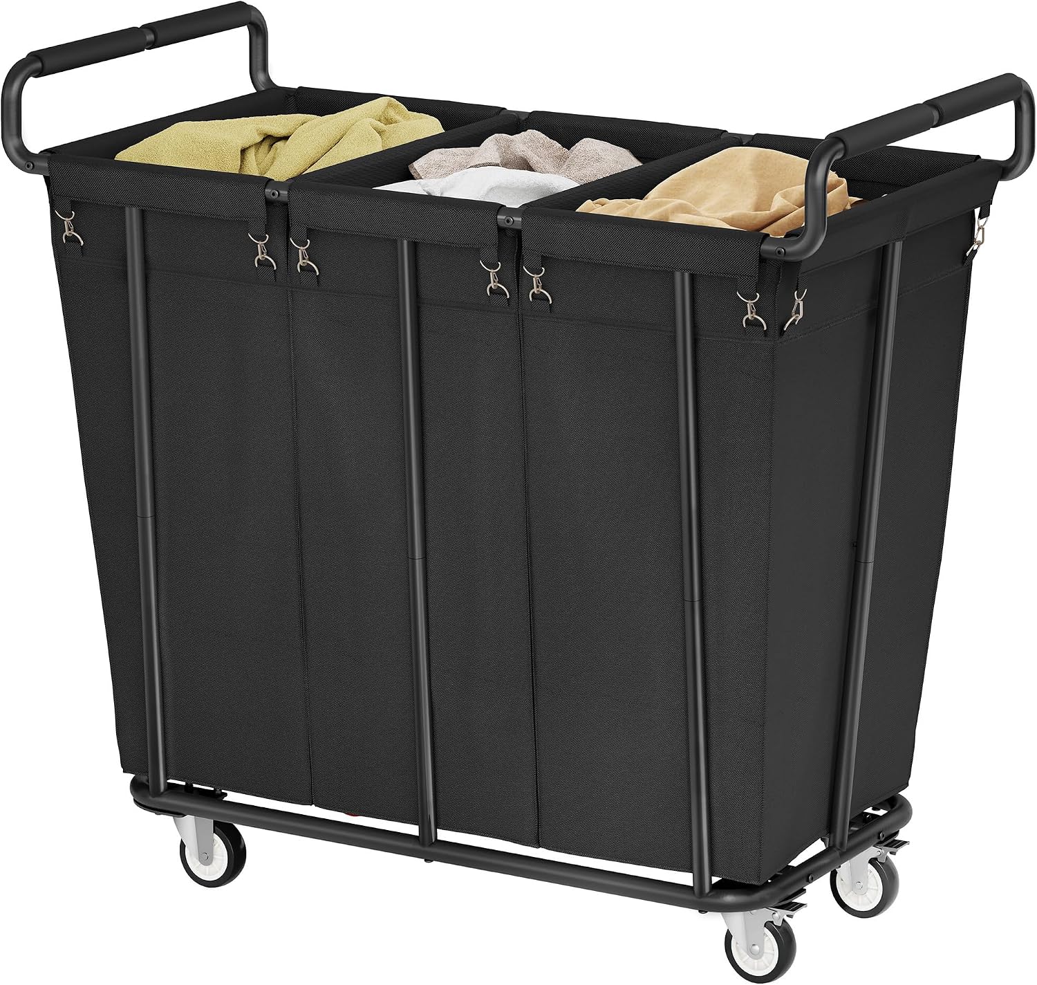 3 Section Heavy Duty Laundry Sorter Cart with Wheels, 360L, Black | Rolling Laundry Hamper Sorter Cart, Extra Large