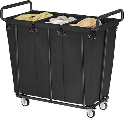 3 Section Heavy Duty Laundry Sorter Cart with Wheels, 360L, Black | Rolling Laundry Hamper Sorter Cart, Extra Large