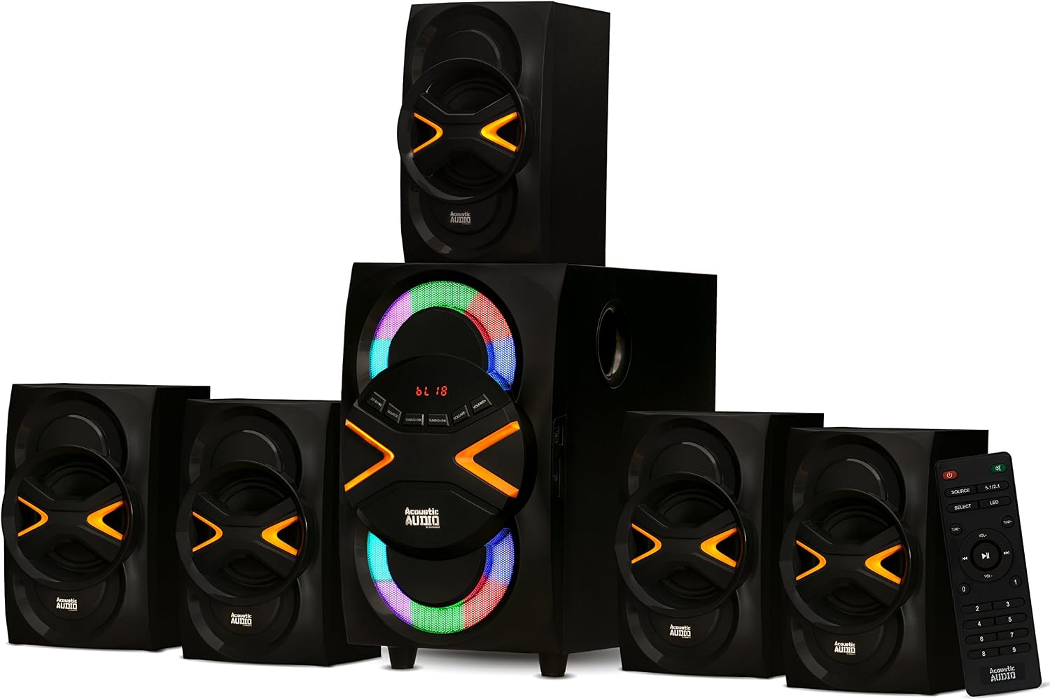 5.1 Speaker System 5.1-Channel with LED lights and Bluetooth Home Theater Speaker System, Black (AA5210)