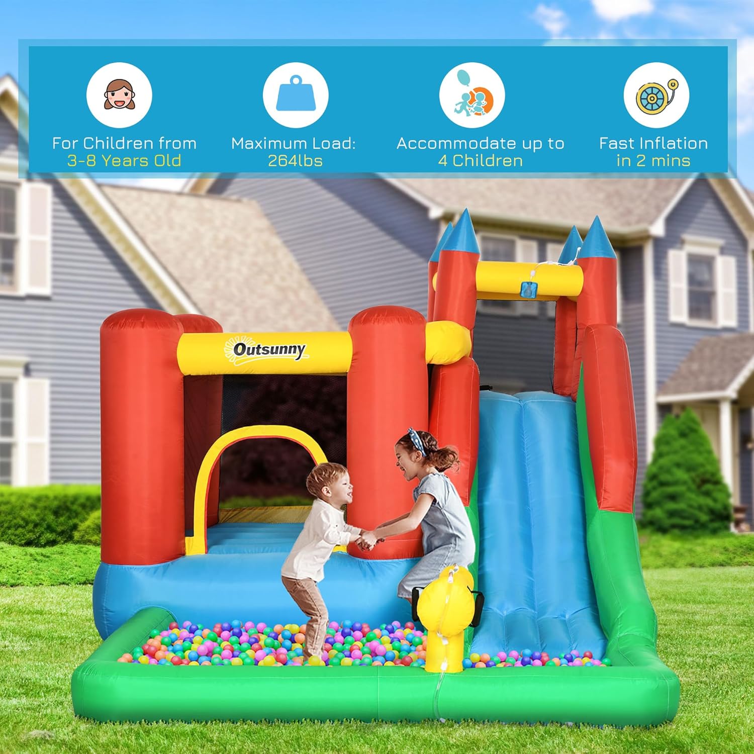 6-in-1 Kids Bounce House Inflatable Water Slide with Pool, Water Cannon, Climbing Wall, Inflator Included, Jumping