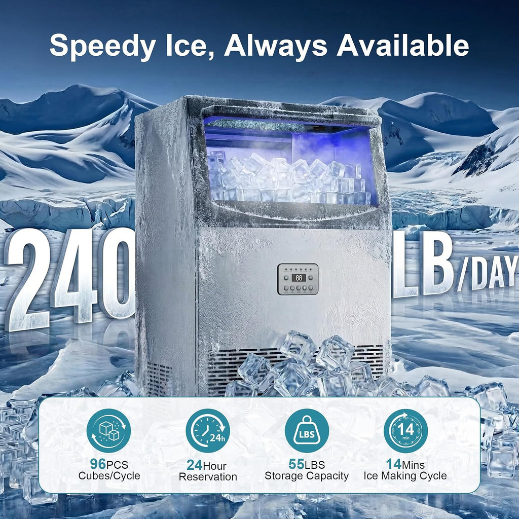 Commercial Ice Maker Machine, 240Lbs/24H Stainless Steel Ice Maker, Under Counter Ice Maker with 55Lbs Storage, 96