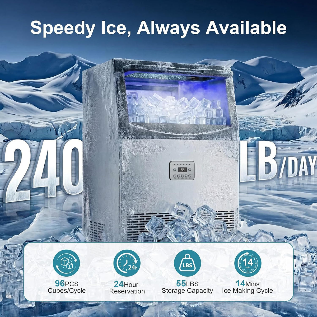 Commercial Ice Maker Machine, 240Lbs/24H Stainless Steel Ice Maker, Under Counter Ice Maker with 55Lbs Storage, 96