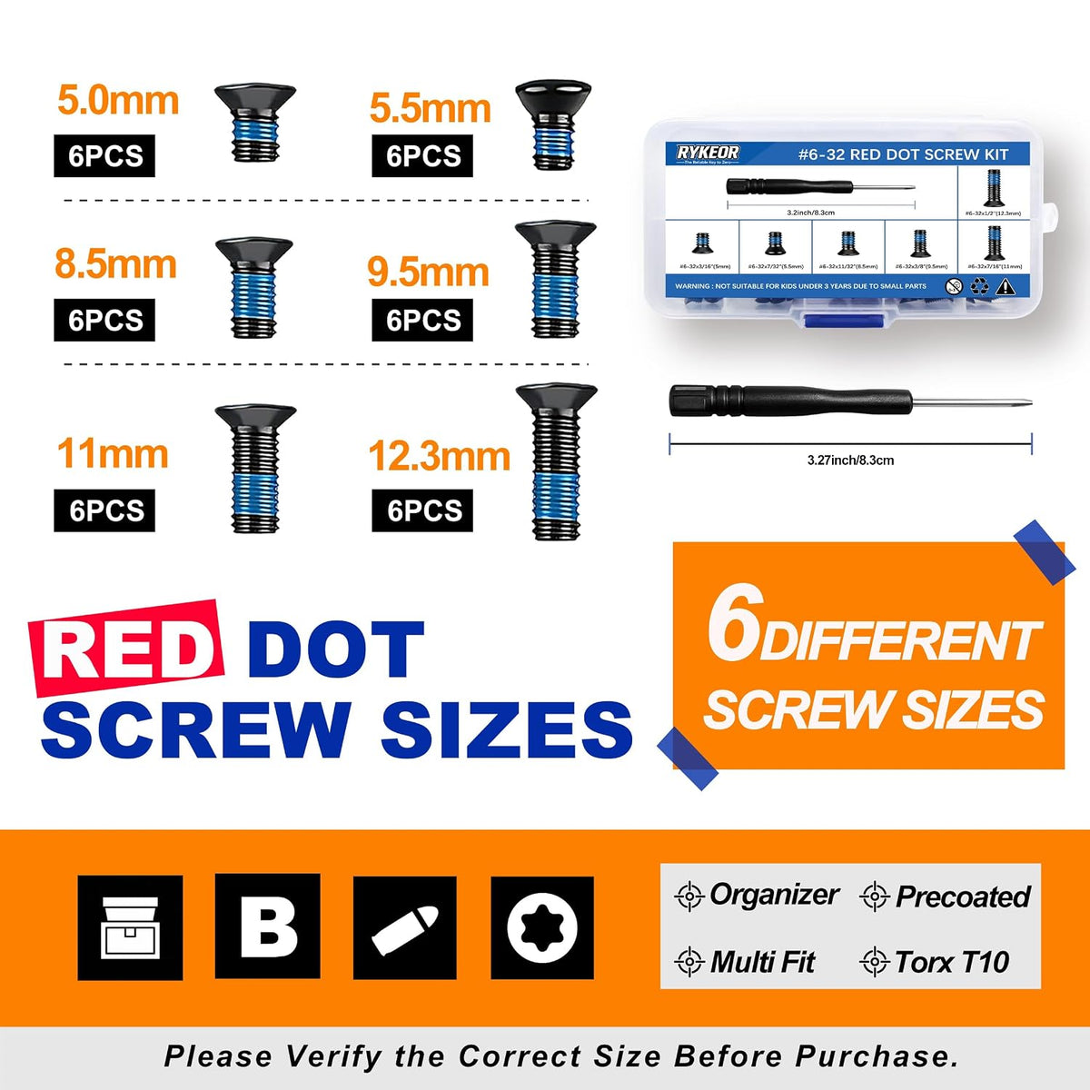 #6-32 Red Dot Screw Kit, 6 Sizes for Optics, MOS Plates & Mounts