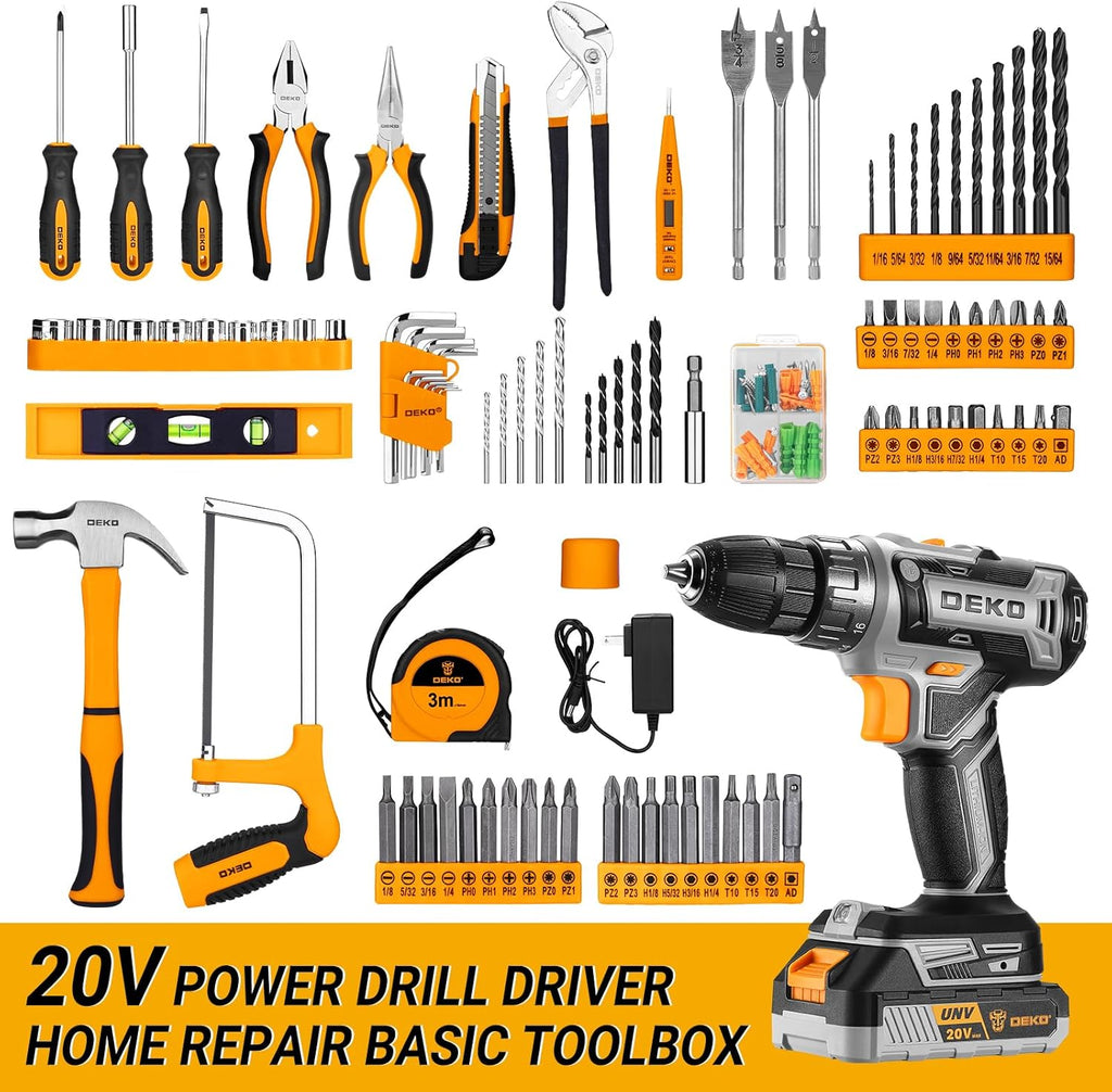 Cordless Drill Tool Kit Set: 20V Power Drill Tool Box with Battery Electric Drill Driver for Men Home Hand Repair