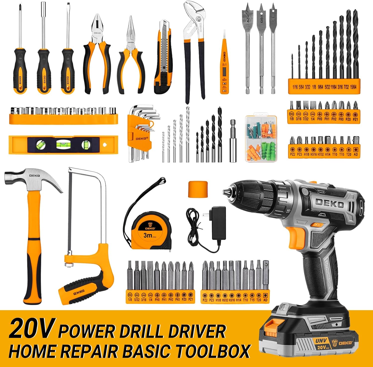 Cordless Drill Tool Kit Set: 20V Power Drill Tool Box with Battery Electric Drill Driver for Men Home Hand Repair
