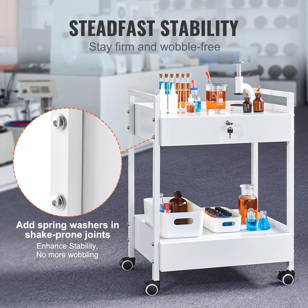 Rolling Medical Cart with Lockable Drawer, White Paint Stainless Steel Utility Cart, 2 Tiers Mobile Esthetician