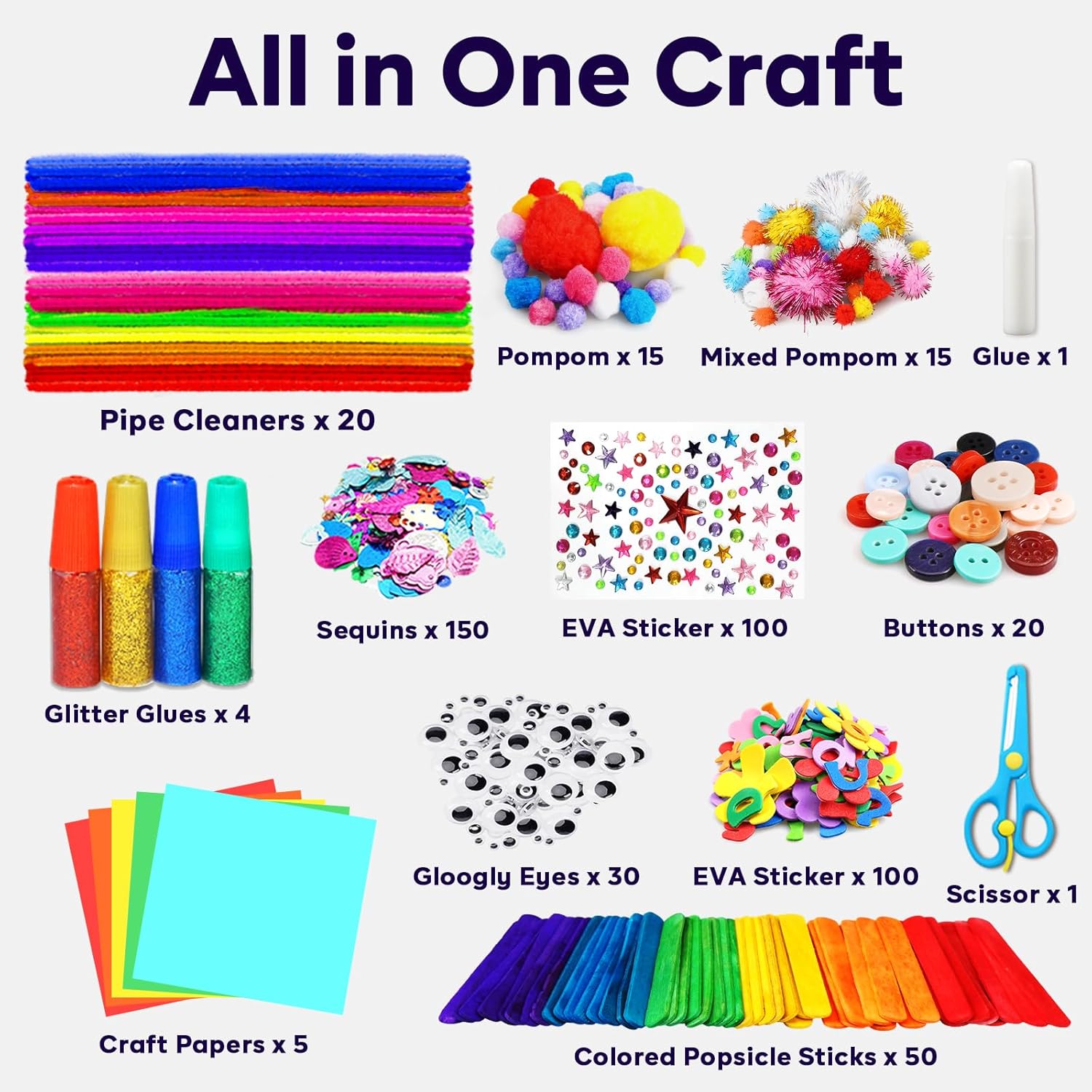 Arts and Crafts Supplies for Kids - Toddlers Craft Kit with Glitter Glue Stick, Pipe Cleaners, Pom Poms, Popsicle