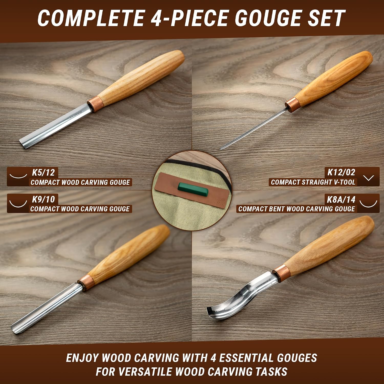 Wood Carving Gouges Chisels Kit SC01 - Wood Spoon Carving Chisel Set - Whittling Tools Includes Radial Gouges, Flat