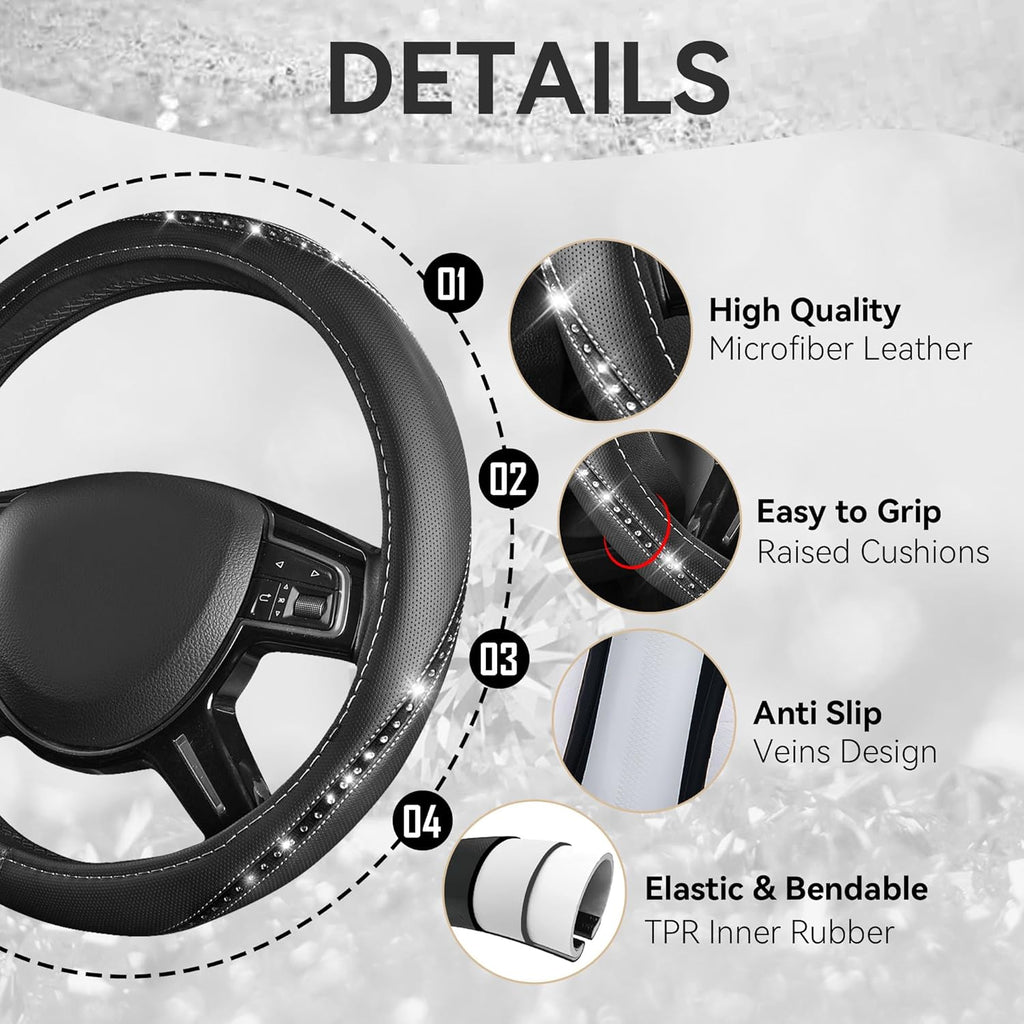 Bling Diamond Black Leather Steering Wheel Cover, Studded Crystal Rhinestones Universal Fit 14" 1/2-15" Glitter for