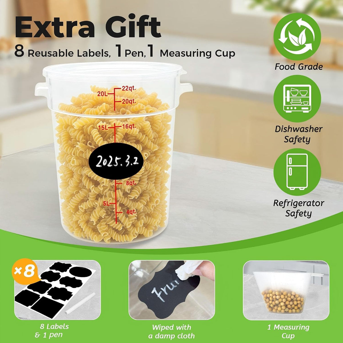 4 Pack 22 Qt Round Food Storage Containers with Lids, Translucent PP