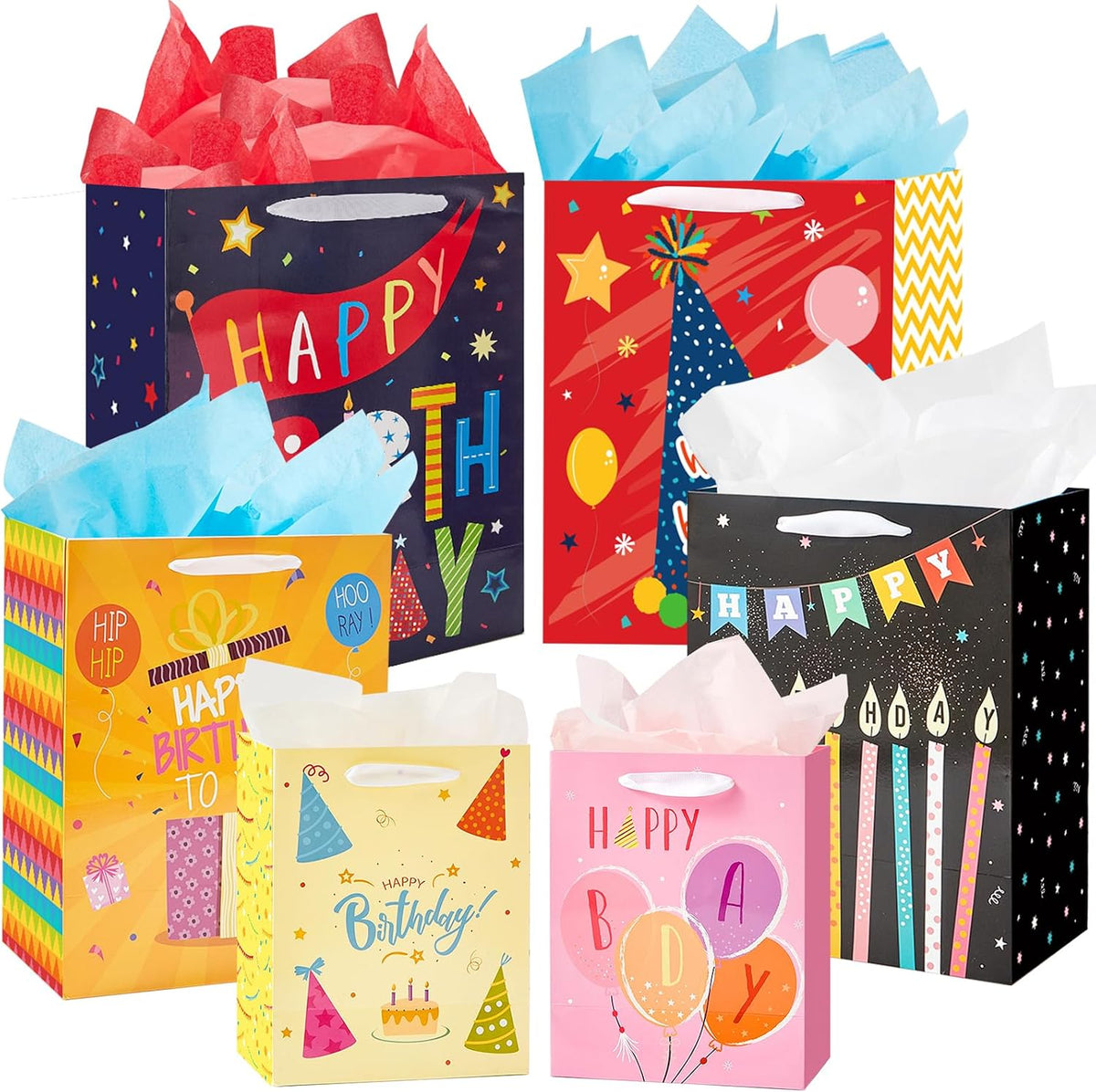 Birthday Gift Bags Assorted Size with Ribbon Handles and Tissue Paper