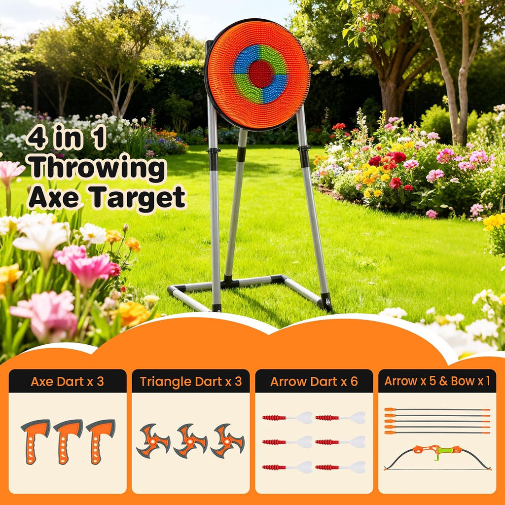 Axe Throwing Bristle Target, 4-in-1 Plastic Throwing Axes Game Set w/ 12 Darts, 5 Arrows & Bow