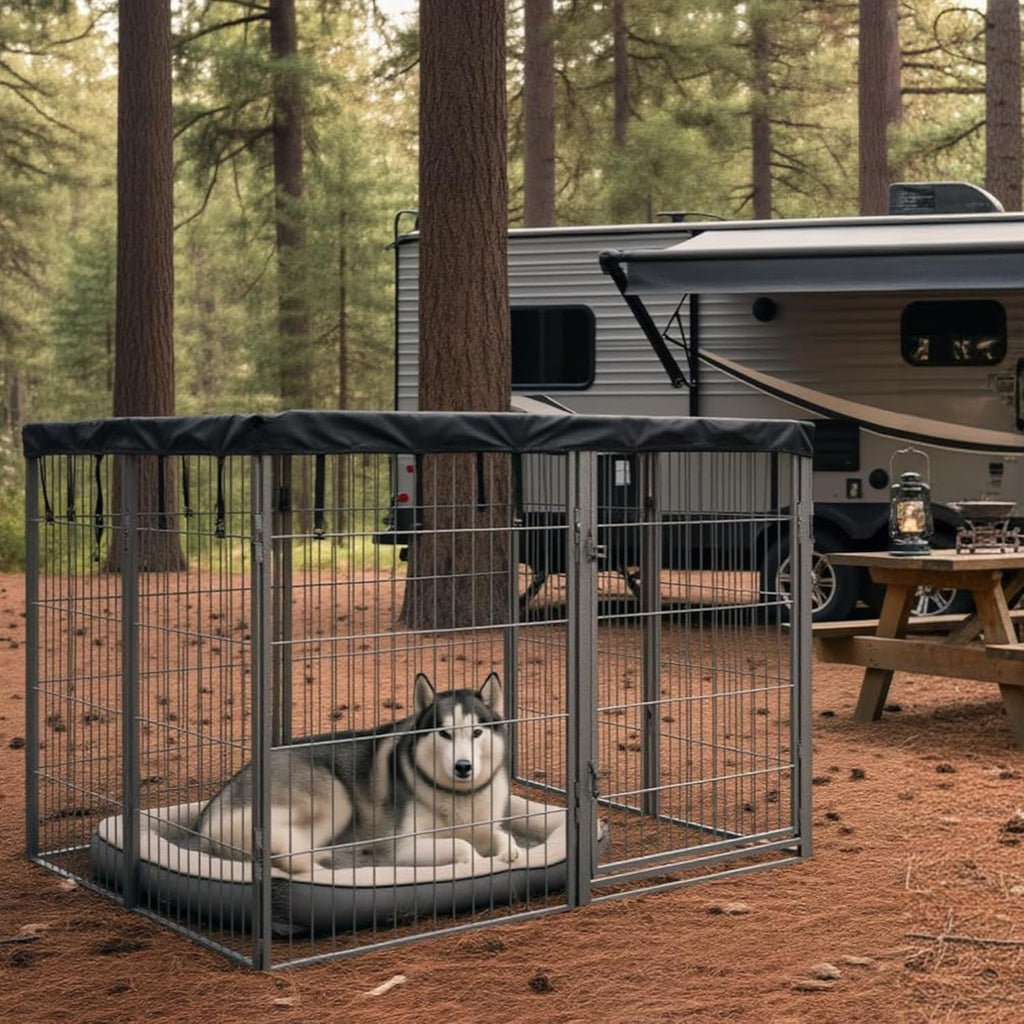 Dog Playpen w/Square Top Shade Cover - 40 inch, 8 Panel Portable Grey Metal Pet Play Pen for Medium & Large Dogs