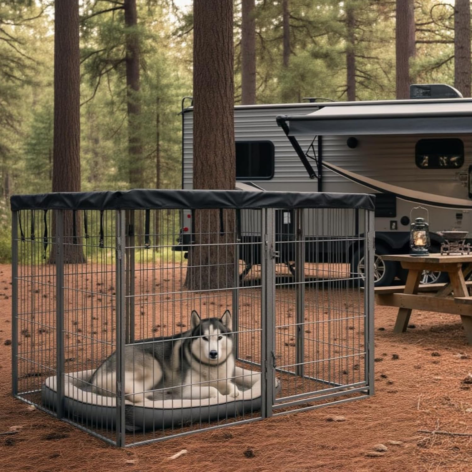 Dog Playpen w/Square Top Shade Cover - 40 inch, 8 Panel Portable Grey Metal Pet Play Pen for Medium & Large Dogs