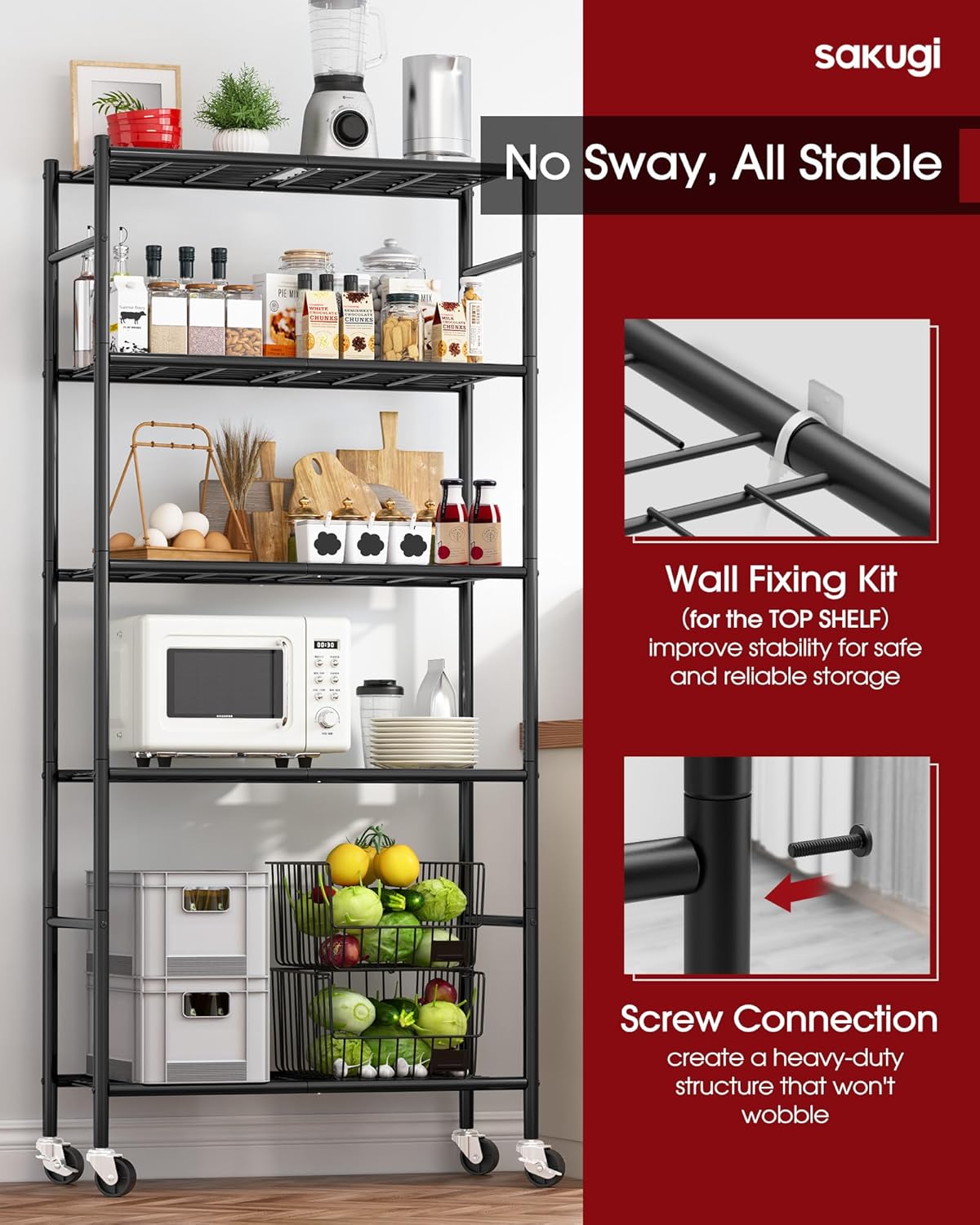 Storage Shelves Organizer - 5 Tier Metal Shelf Organizer with Metal Wheels and Adjustable Leveling Feet, Heavy Duty