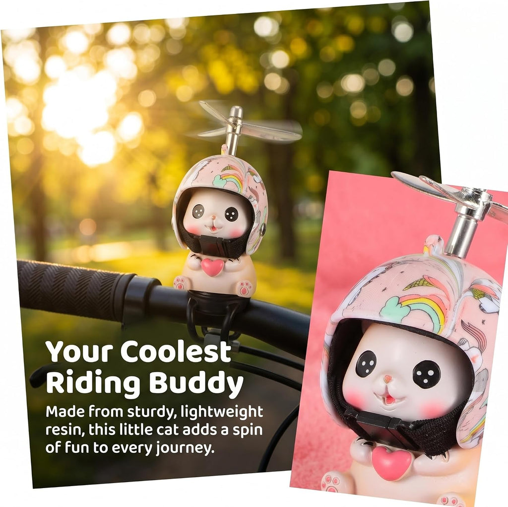 Cat Bike Bell Accessories, Resin Handlebars with Propeller Helmet, Mount Cat Figurine for Girls Boy, Bicycle