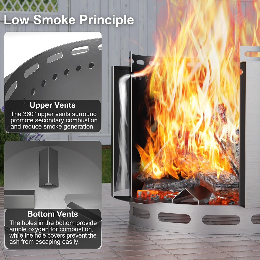 19 Inch Outdoor Smokeless Fire Pit, Portable Stainless Steel Firepit with Weather Resistant Cover,Wood Burning Fire