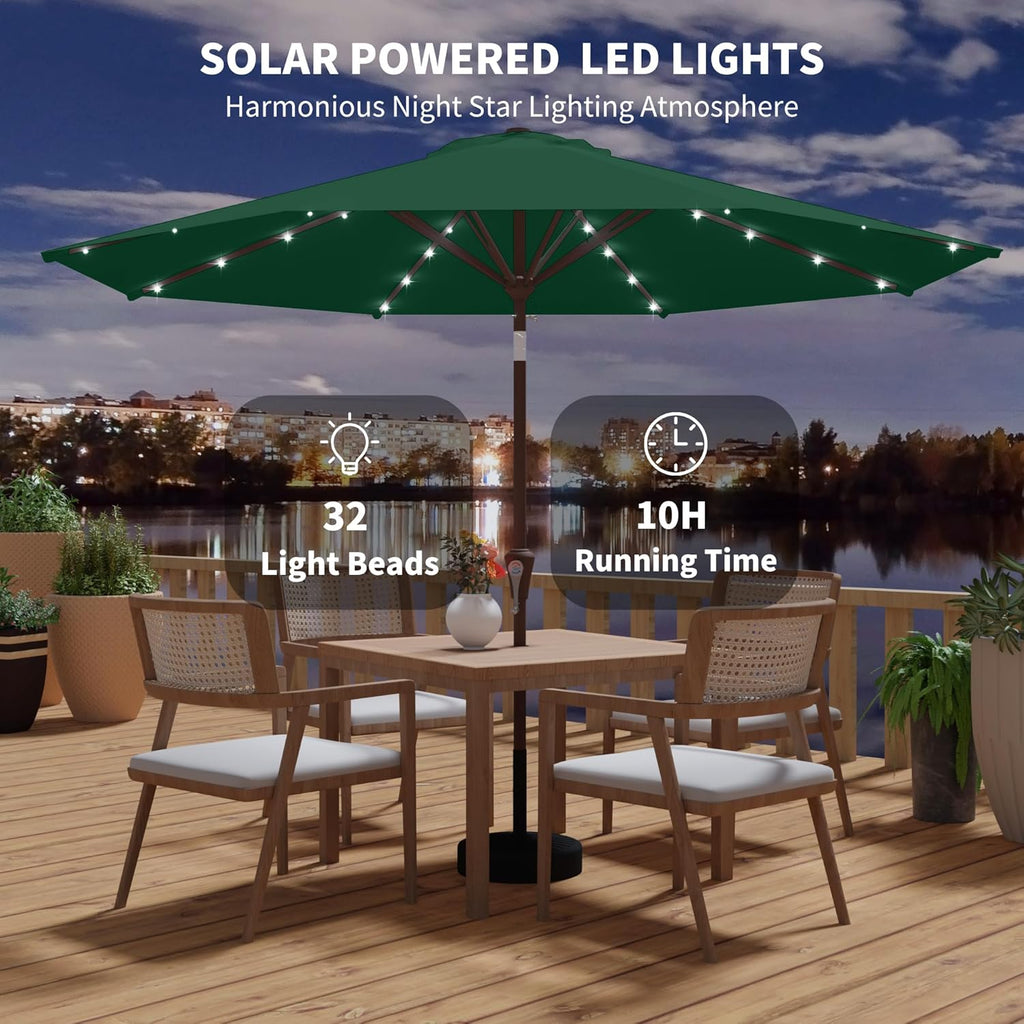 10FT Outdoor Patio Umbrella with Solar Lights, Market Table Umbrella with Push Button Tilt & Crank, 8 Sturdy Ribs, 32