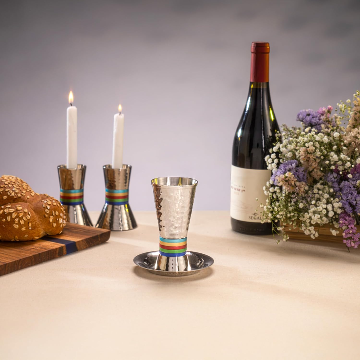 Yair Emanuel Nickel Kiddush Cup and Plate 5 Colors | Cylinder Shape | Hammer Work Colors (CUT-1)