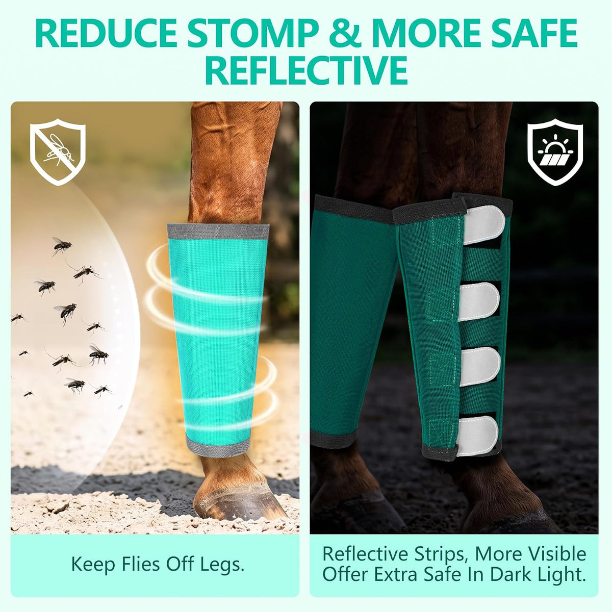 Fly Boots for Horses Set of 4 with Reflective Vercros, Loose Fitting Mesh Horse Fly Boots Leggings, Adjustable Equine