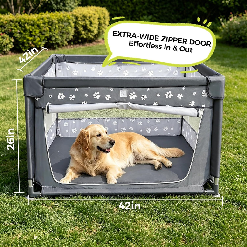 Dog Playpen Oxford Fabric Dog Fence,42x42x26 Inches,Steel Pipe,Breathable Mesh,Zipper Gate,Portable Indoor Outdoor