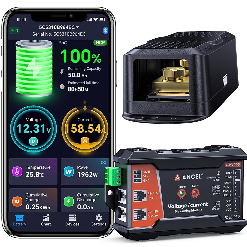 BM1000 Bluetooth Battery Monitor with 400A Smart Shunt, 10-120V Capacity Meter for LiFePO4, Lithium, AGM & Lead-Acid