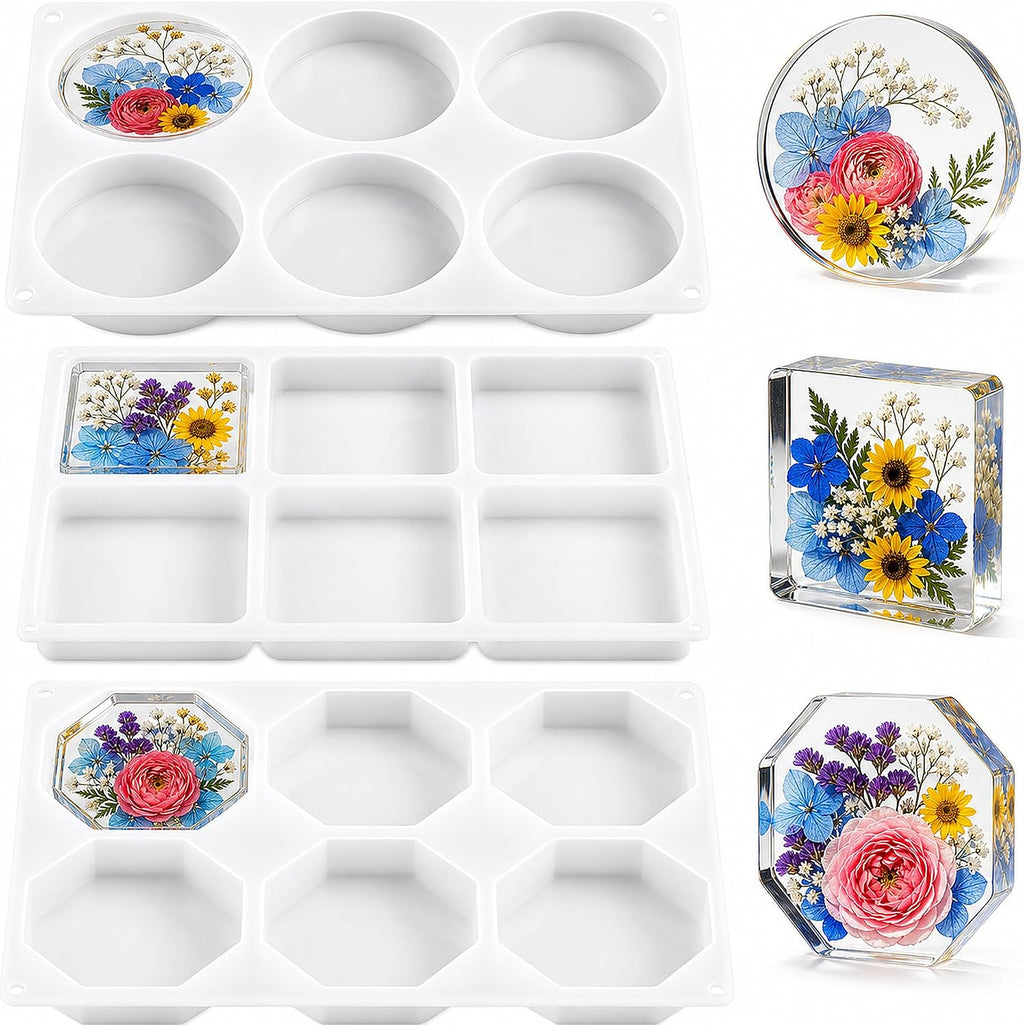 3 Shapes Large Coaster Molds for Epoxy Resin,Silicone Molds for Resin | 18 Cavity Deep Resin Coaster Molds,Includes