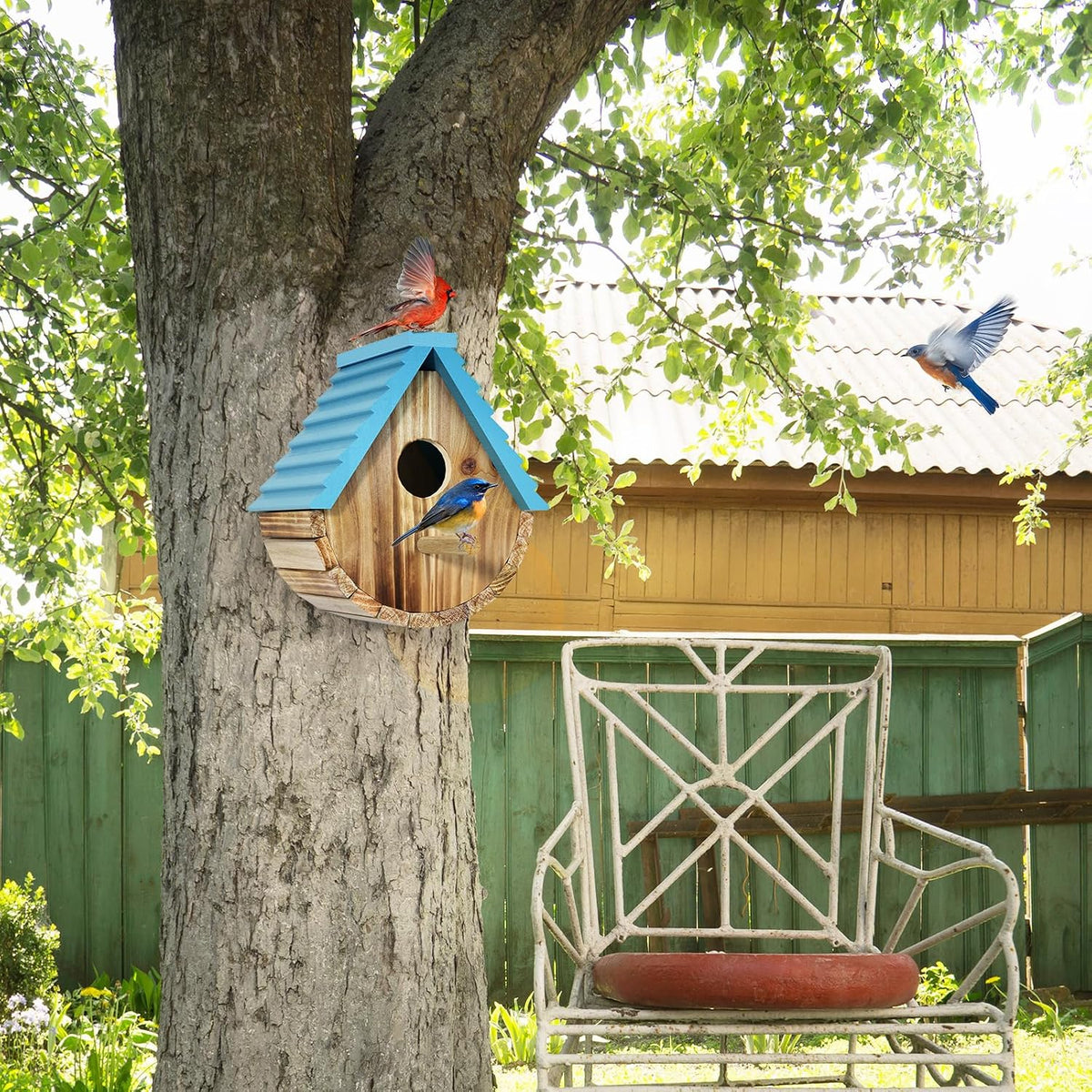 Bird Houses for Outside, Hanging Wooden Birdhouse for Outdoors, Blue