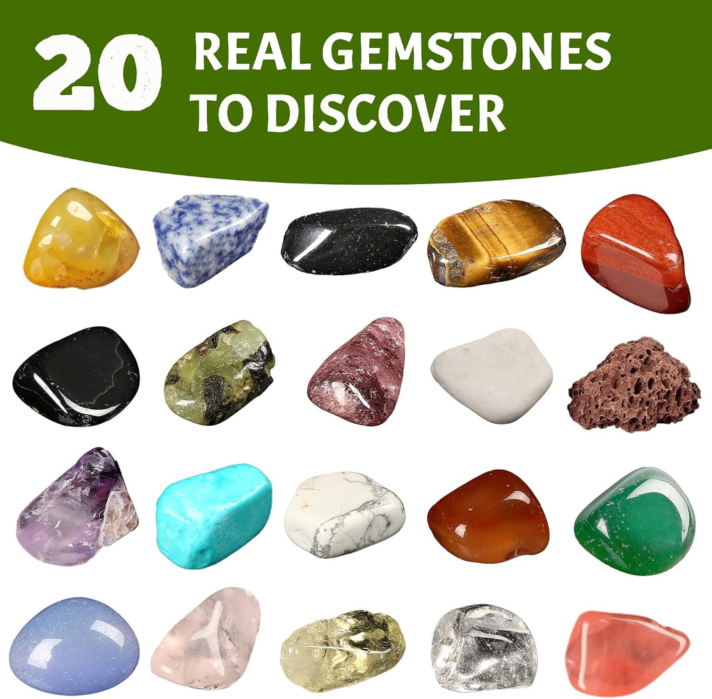 Gemstone Dig Kit for Kids, 20 Real Gems, Science Excavation Gift | Rocks Stones Collection,Ages 8-12 Fit,STEM