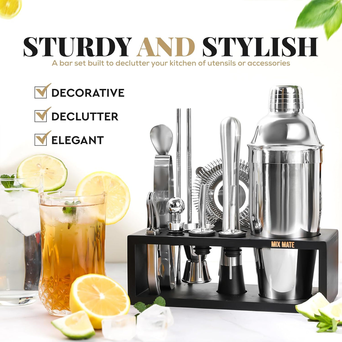 Mixology Bartender Kit with Stand - 15 Piece Bar Tool Set, Silver Bar Set Cocktail Shaker Set for Drink Mixing