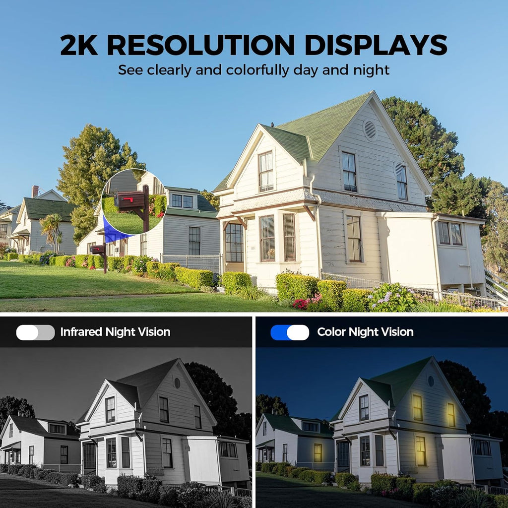 2K 2.4g WiFi Security Cameras Wireless Outdoor, 360° View Solar Cameras for Home Security, Color Night Vision, Motion