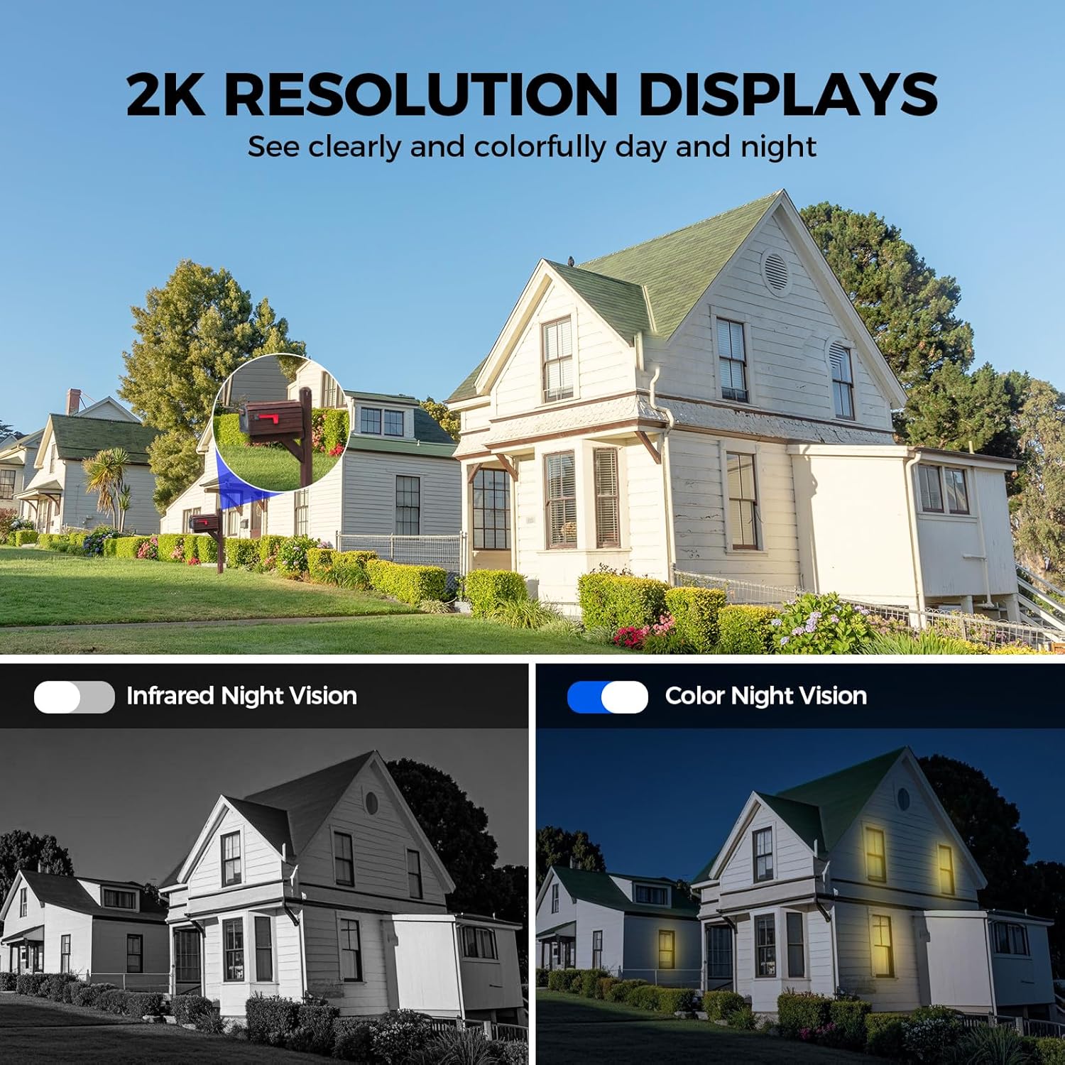 2K 2.4g WiFi Security Cameras Wireless Outdoor, 360° View Solar Cameras for Home Security, Color Night Vision, Motion