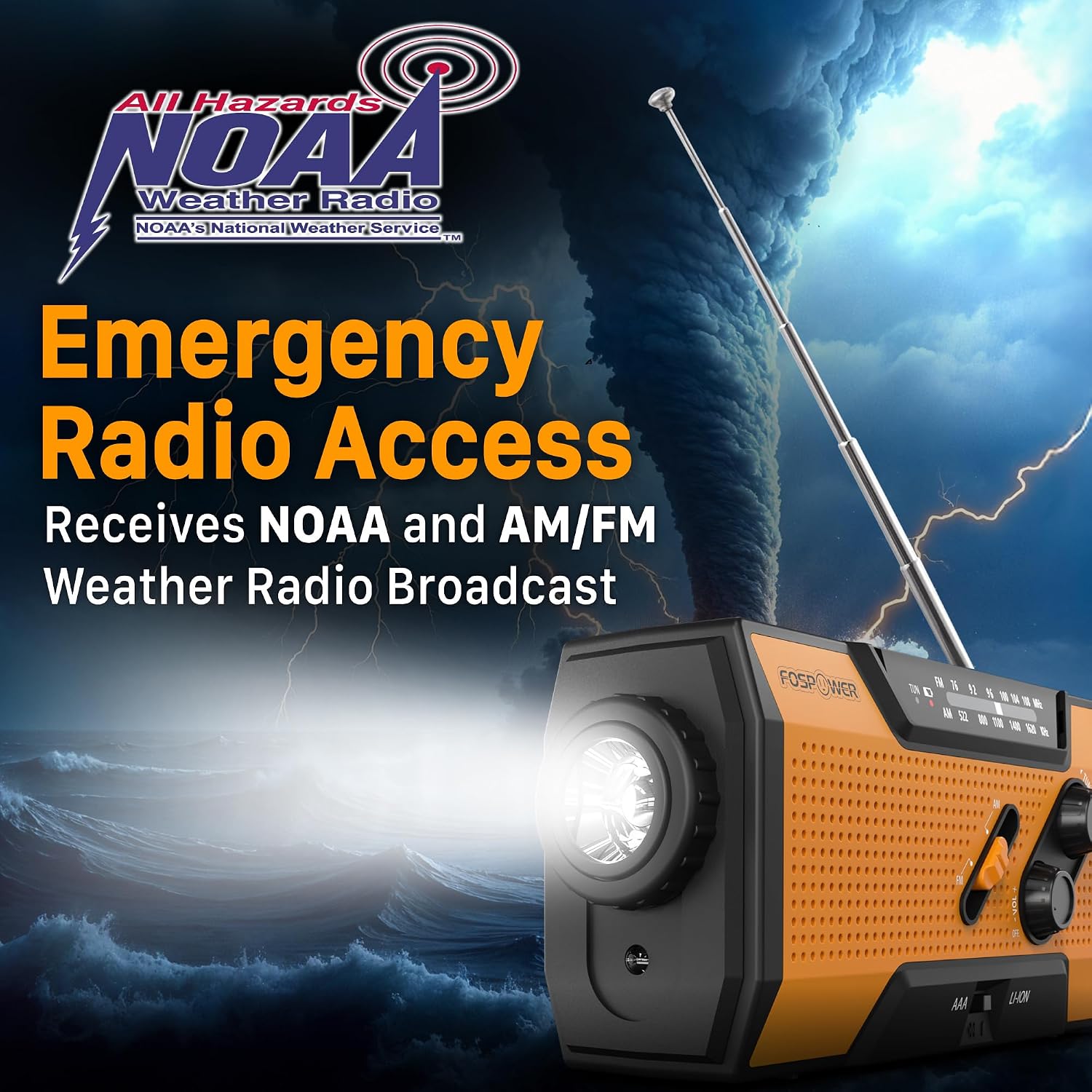 NOAA Emergency Weather Radio A1 7400mWh Solar Hand Crank (Orange) | AM/FM/WB power bank 4 power options SOS alarm LED