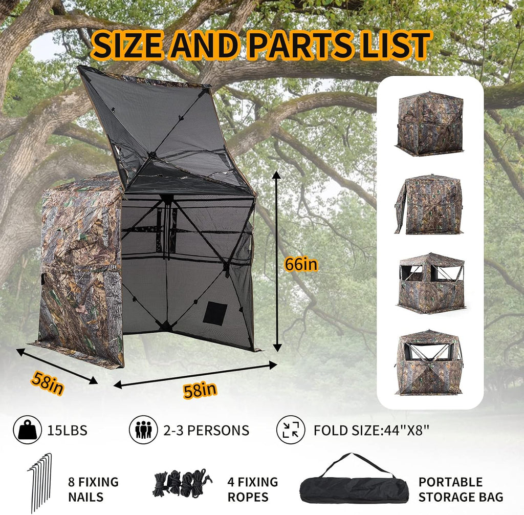 Hunting Blind 270/360 Degree See Through Ground Blind with Carrying Bag, 2/3/4 Person Pop Up Camouflage Tent Portable