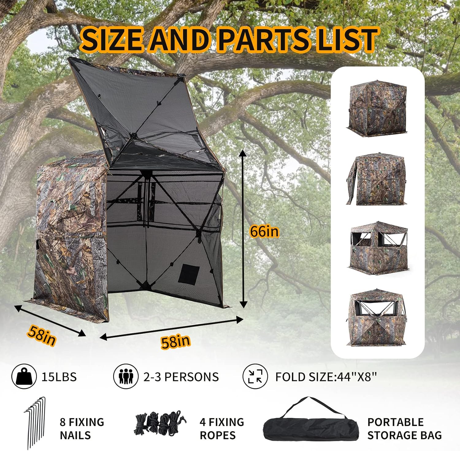 Hunting Blind 270/360 Degree See Through Ground Blind with Carrying Bag, 2/3/4 Person Pop Up Camouflage Tent Portable
