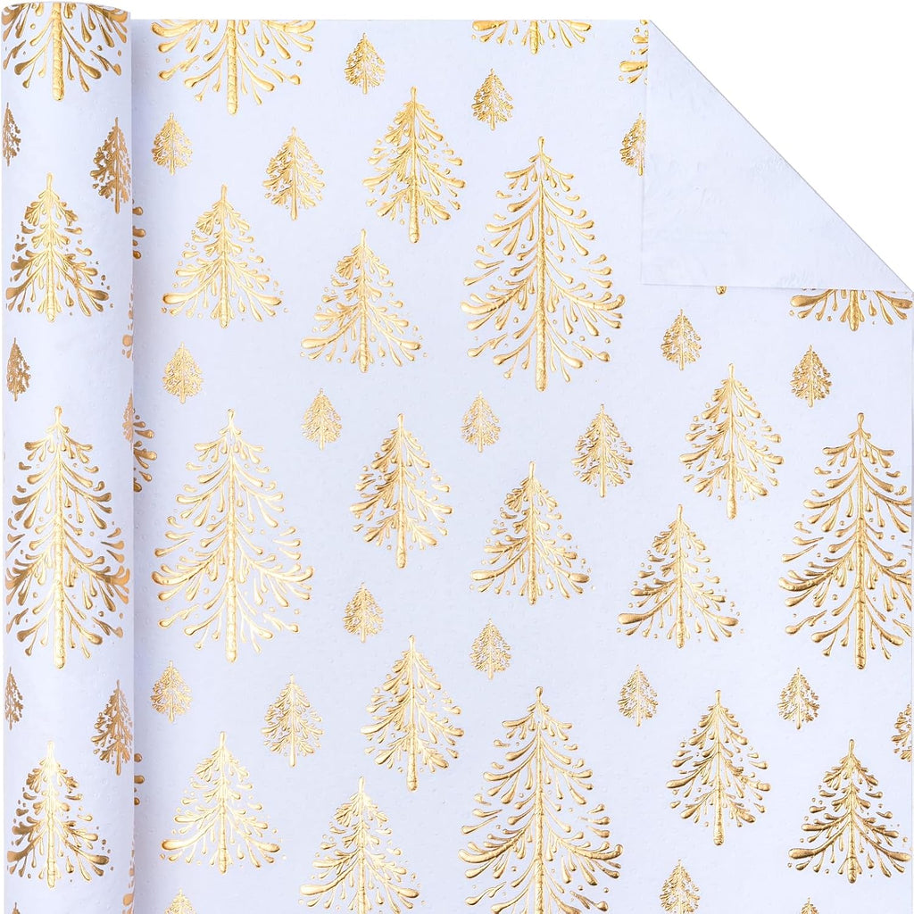 3D Kraft Christmas Wrapping Paper Roll - Mini Roll - 17 Inch x 16.5 Feet - Gold and White Christmas Tree Wrapping