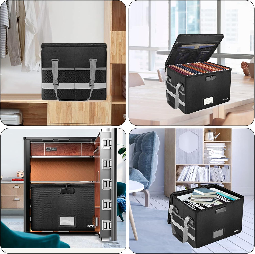 File Box with Lock, Fireproof Document Box with Pockets, Collapsible File Organizer Filing Storage Cabinet with