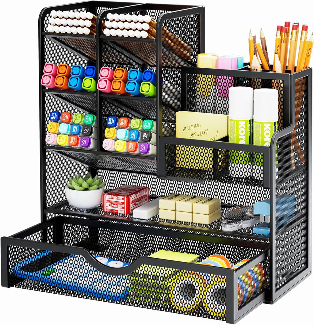 Mesh Pen Holder for Desk, Multi-Functional Pencil Organizer with Drawer, Desk Organizers and Accessories for Office