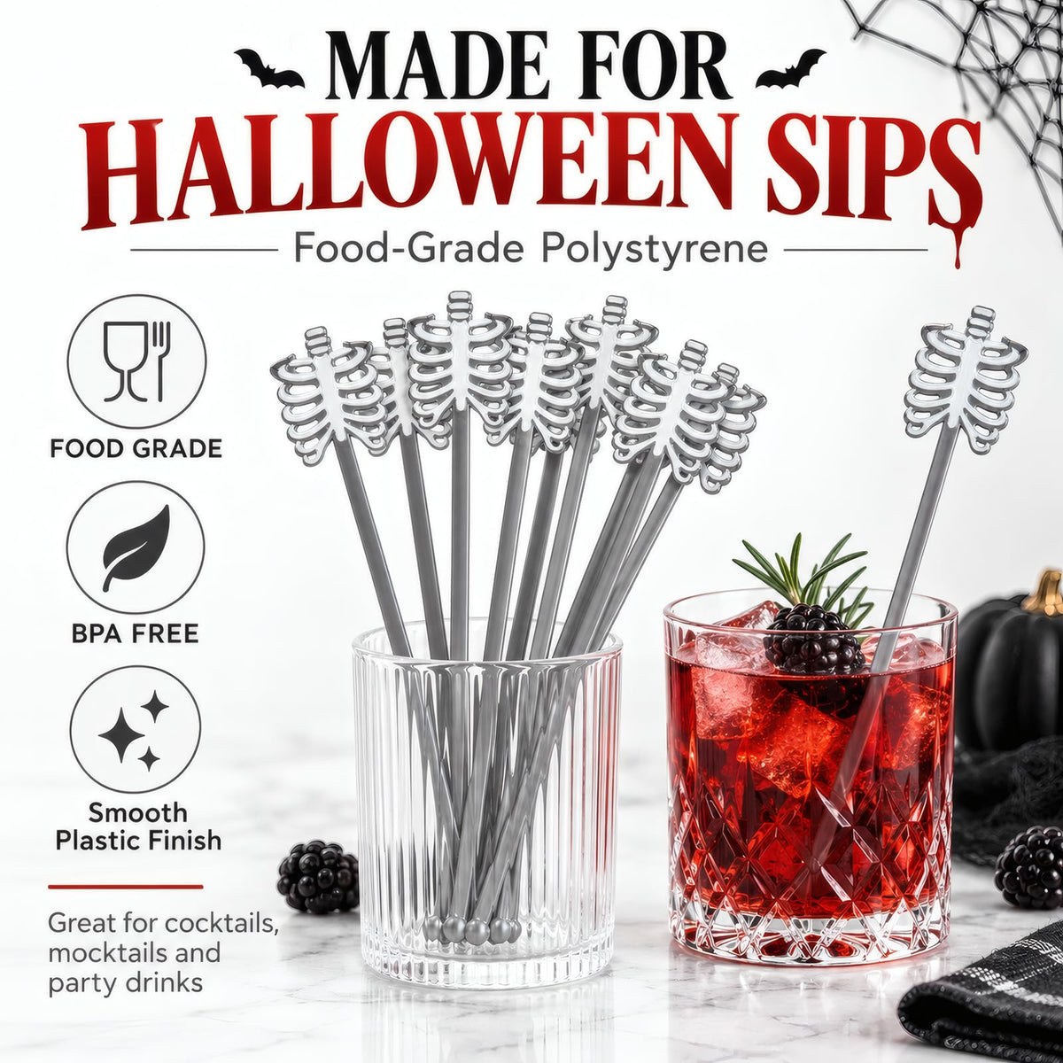 Halloween Skeleton Drink Stirrers, 36 Pack, 7-Inch Cocktail Sticks