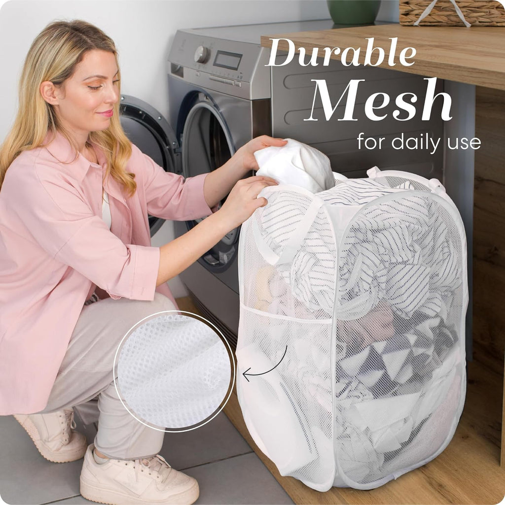 Pop Up Laundry Hamper 71L Sturdy Collapsible Mesh (White) | Collapsible Mesh Pop Up Hamper, Wide Opening, Side