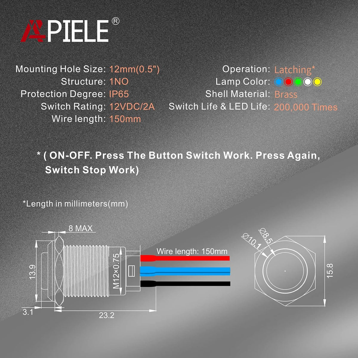 APIELE (Pcs of 2) 12mm Momentary Push Button Switch High Round Head Stainless Steel 1 Normally Open with Ring Led (Blue)