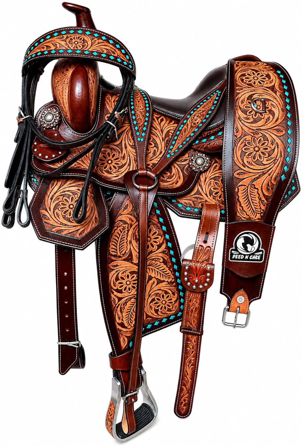 Western Leather Horse Saddle with Turquoise Floral Tooling & Tack Set