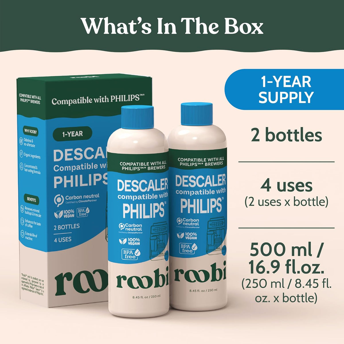 Roobi Philips Compatible Descaling Solution & Cleaner, 2 Pack