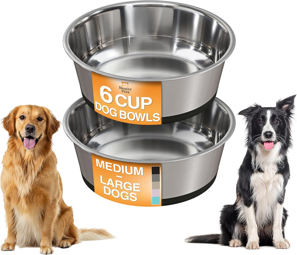 Stainless Steel Dog Bowls with Non-Slip Rubber Bottom – Set of 2, 6 Cup (48 oz), Black - Heavy Duty Metal Dog Bowl
