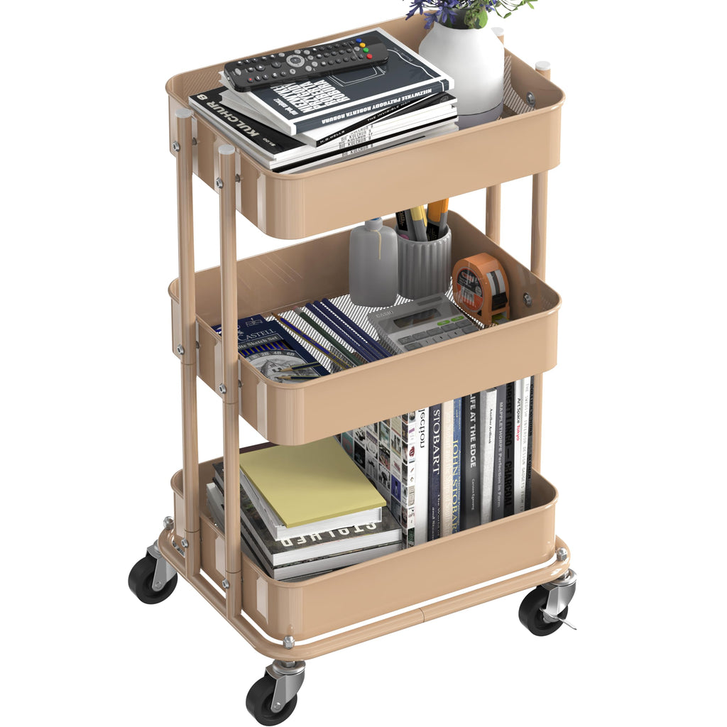 3-Tier Utility Cart, Low 24" Height Fits Under Desk, Khaki