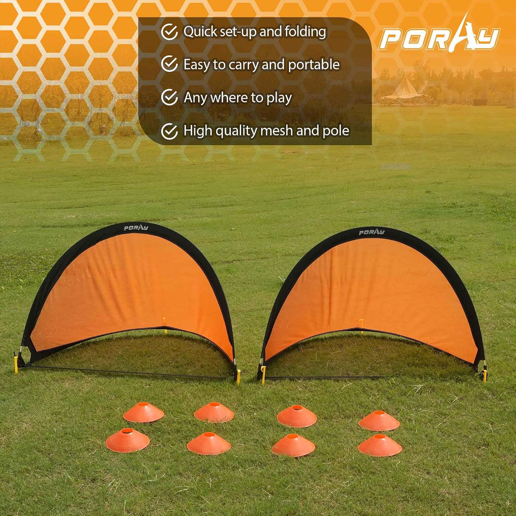 Poray Soccer Goal for Kid Easy-up Set of Two Portable Soccer Net 210D Oxford with 8 Field Marker Cones Extra Stakes