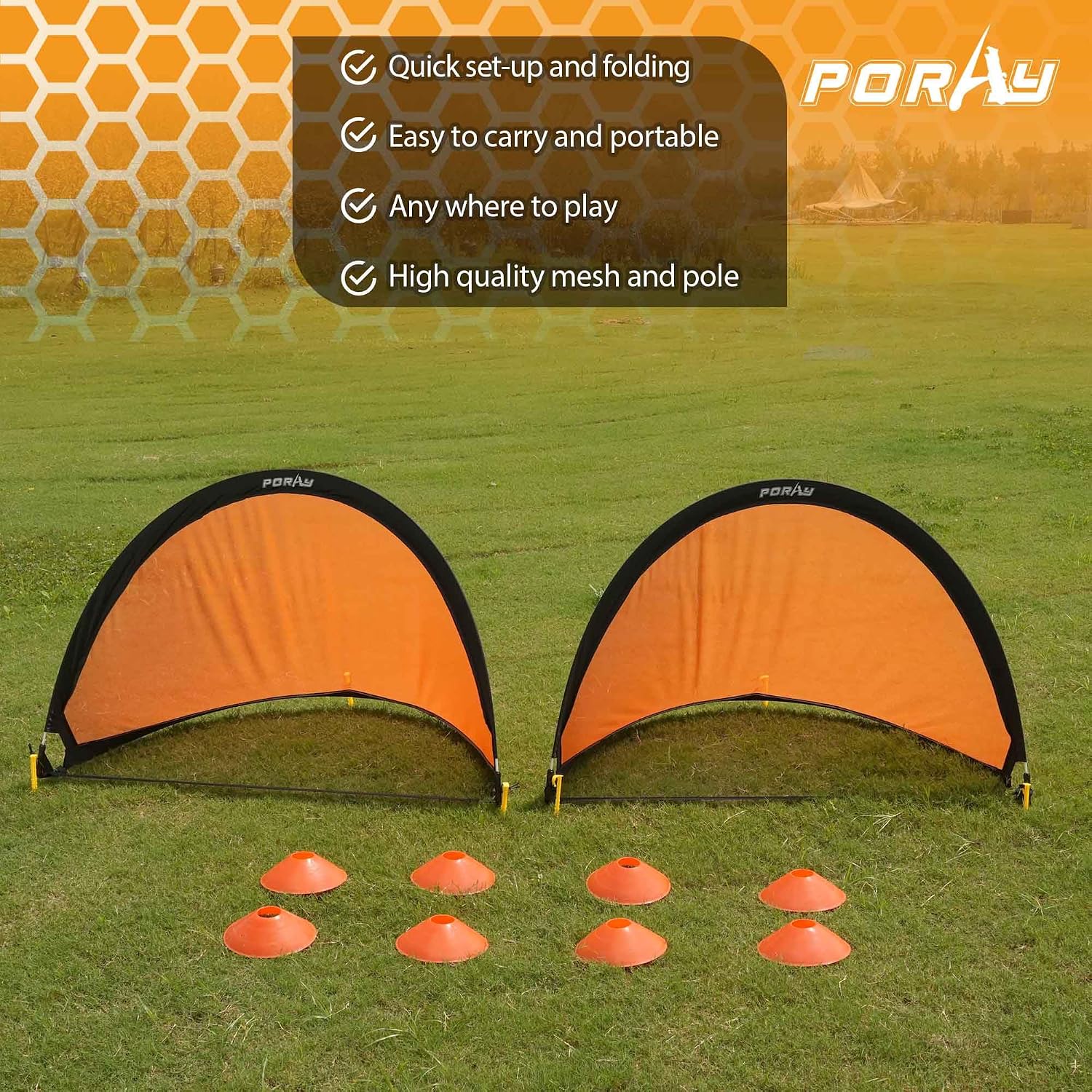 Poray Soccer Goal for Kid Easy-up Set of Two Portable Soccer Net 210D Oxford with 8 Field Marker Cones Extra Stakes