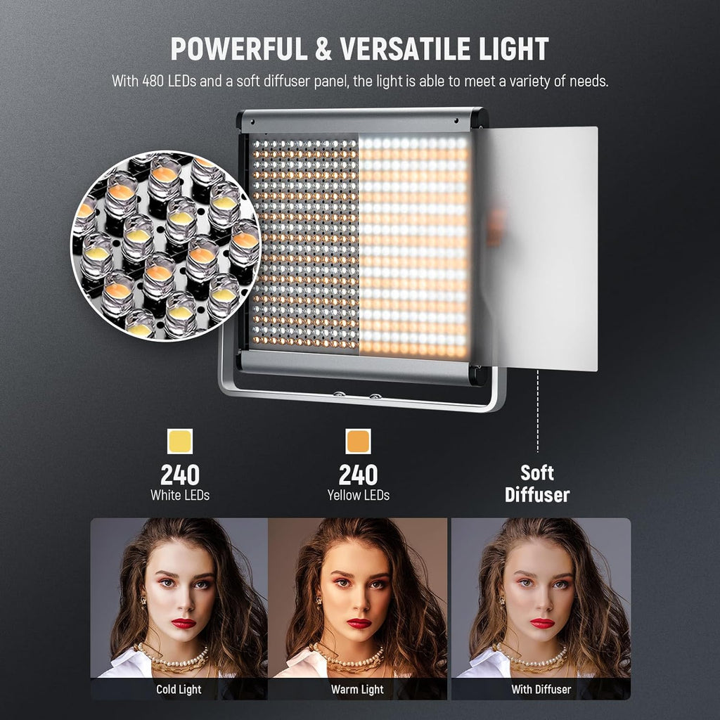 2 Packs Dimmable Bi Color 480 LED Video Light Kit, 3200~5600K CRI 96+ LED Panel with U Bracket, 75 inches Tripod